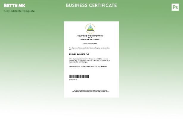 модерен стил Никарагва сертификат за регистрација на бизнис Шаблон за Word и PDF